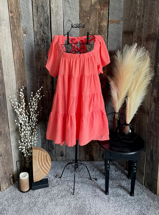 Coral Tiered Dress with bow back detail