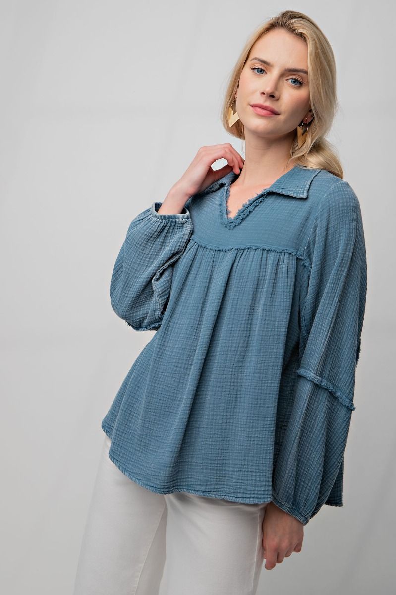 Denim Gauze Baby Doll Top