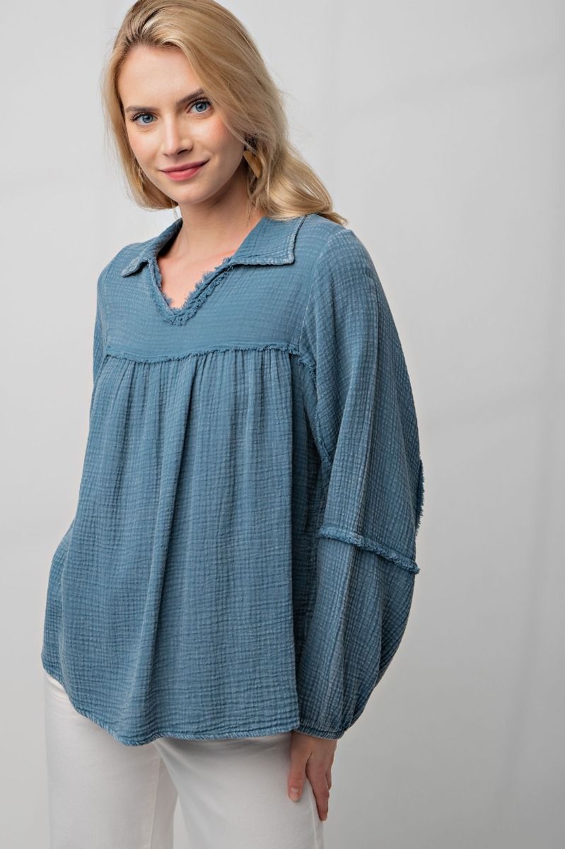 Denim Gauze Baby Doll Top