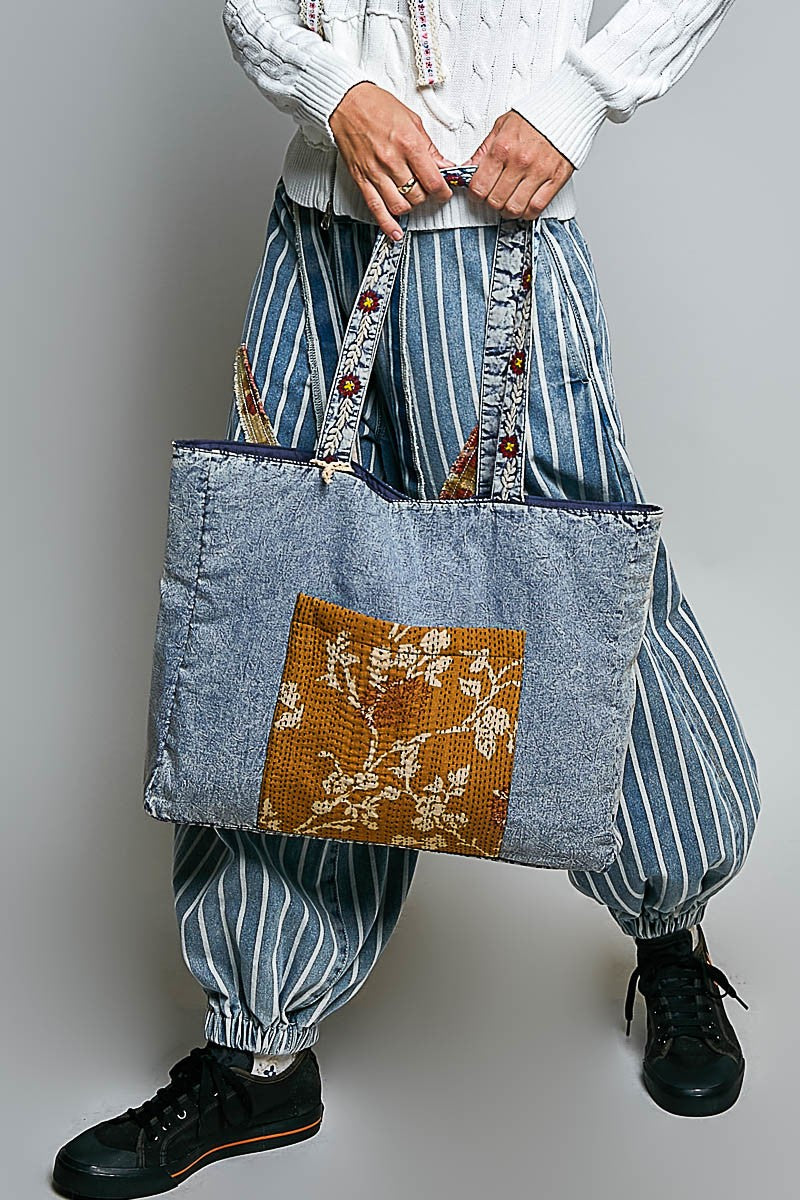 Denim floral tote