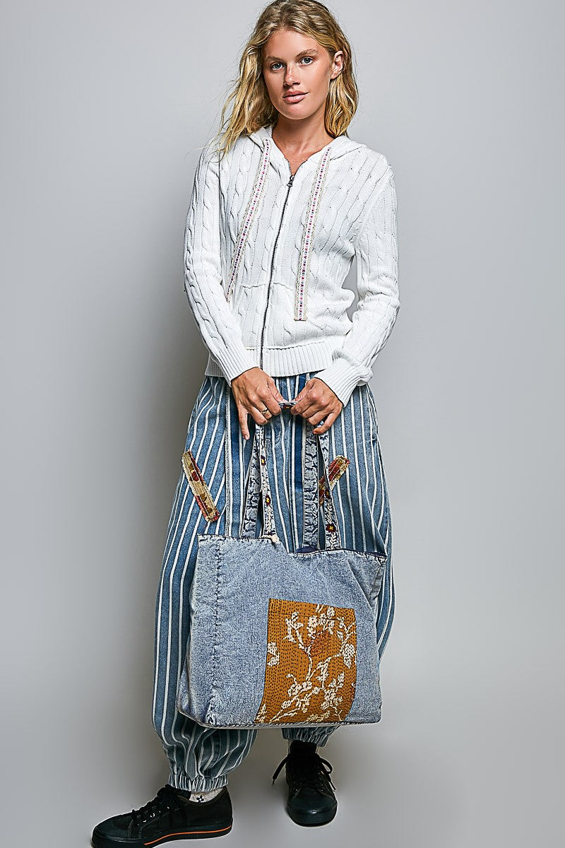 Denim floral tote