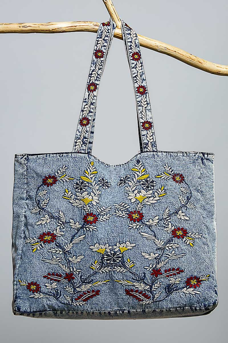 Denim floral tote