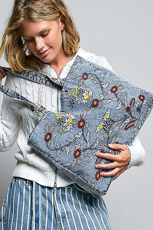 Denim floral tote