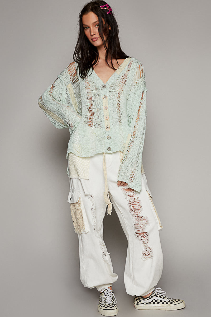 Distressed Lace Cardigan Green