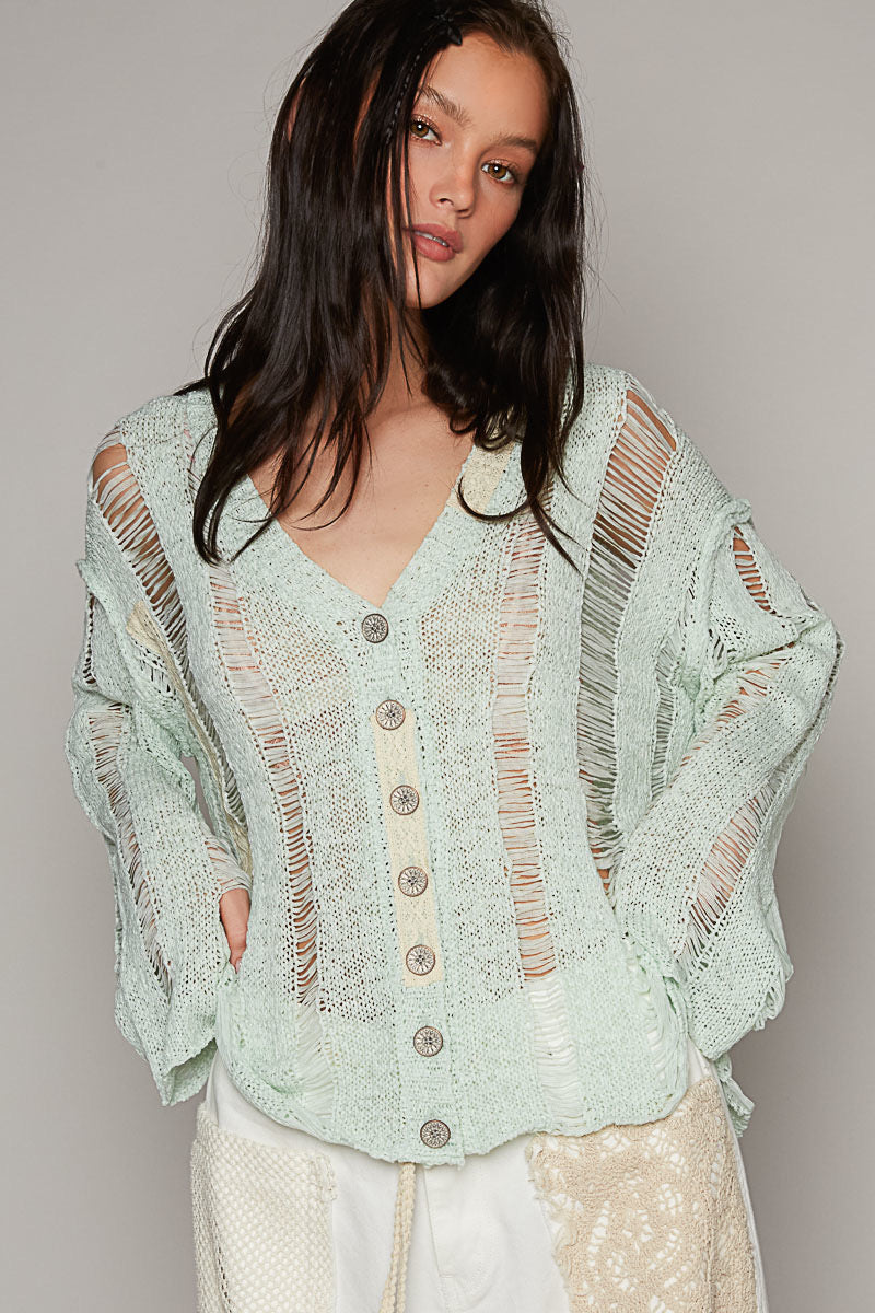 Distressed Lace Cardigan Green