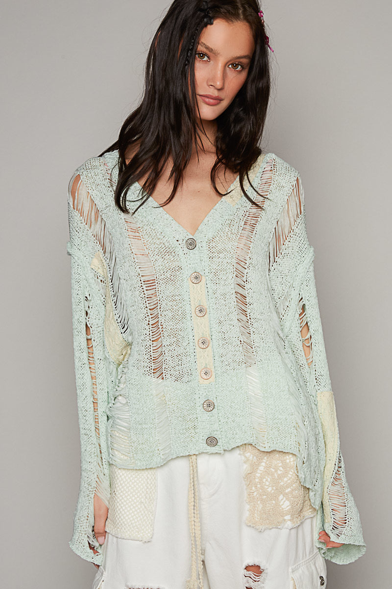 Distressed Lace Cardigan Green