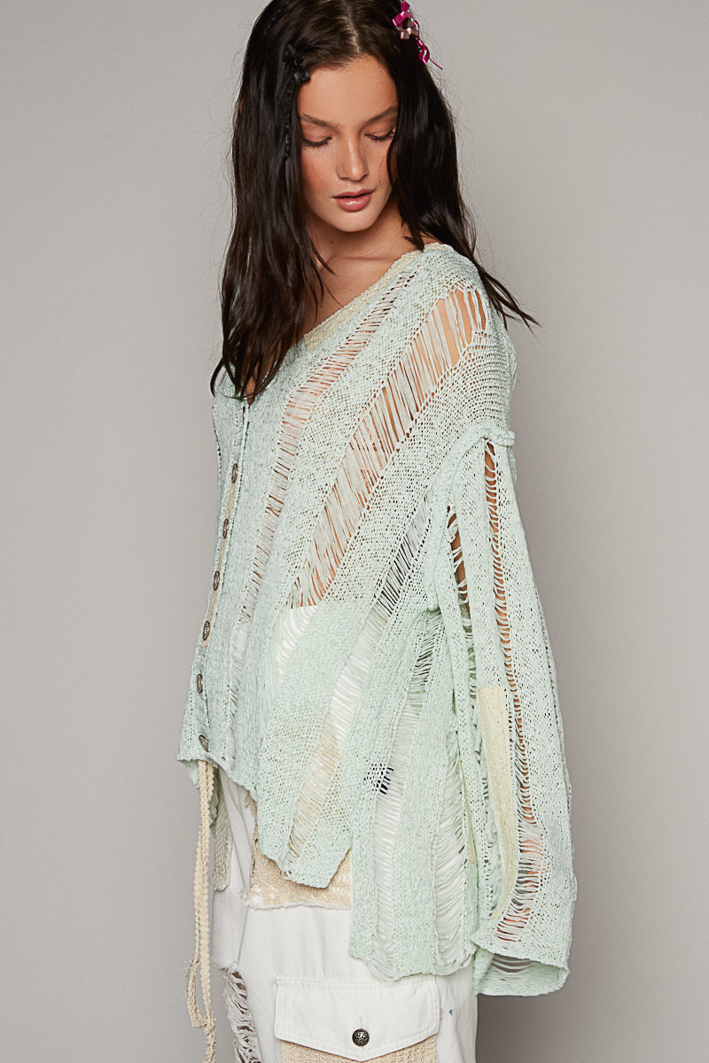 Distressed Lace Cardigan Green