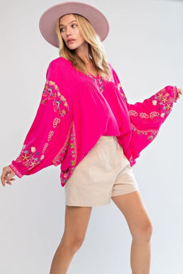 Fuchsia Embroidered Batwing top