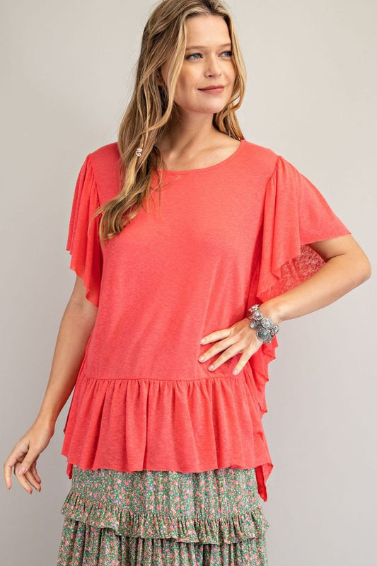 Coral Flutter/ruffled sleeve slub knit tee