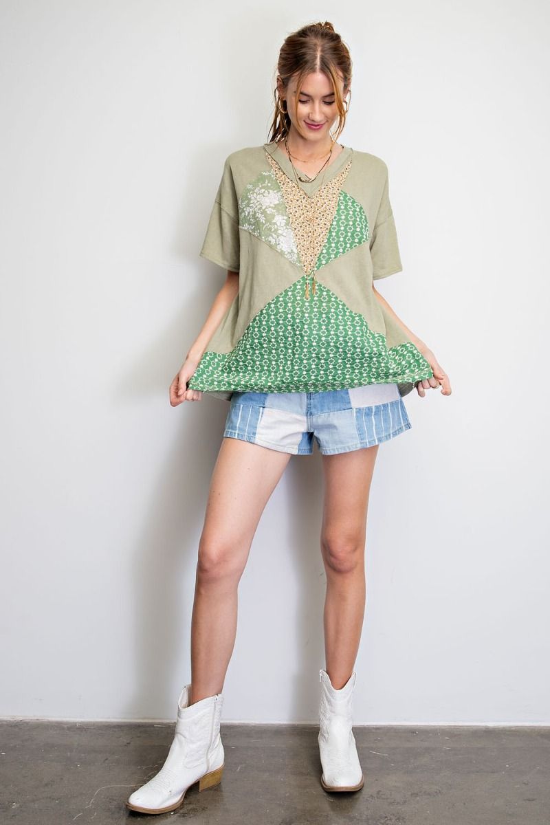 Sage Green patchwork slub knit tee