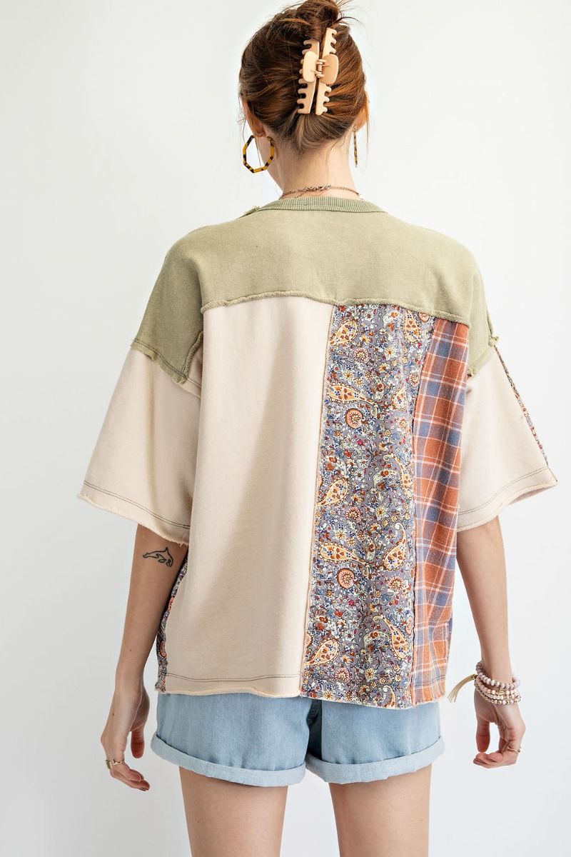 Mixed Fabric Sage Top