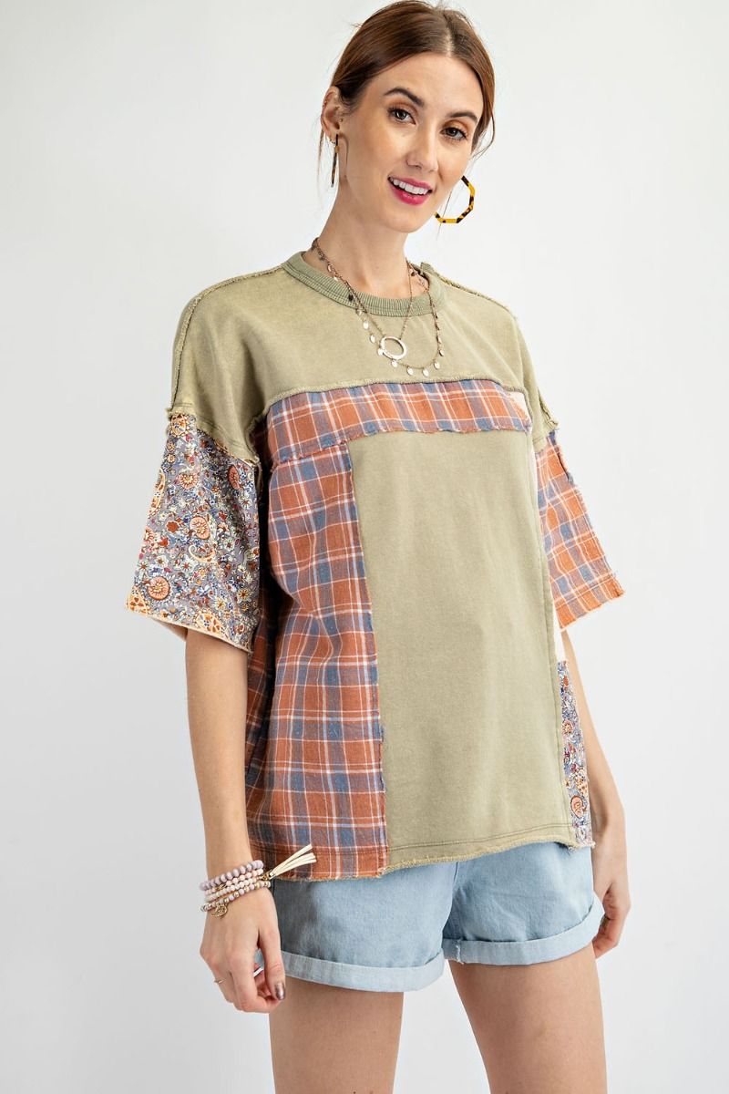 Mixed Fabric Sage Top