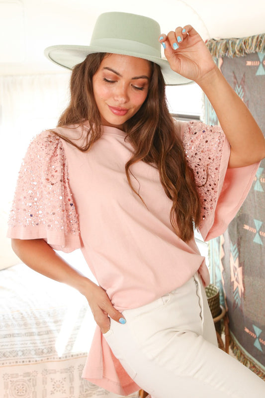 sequin sleeve t-shirt blush