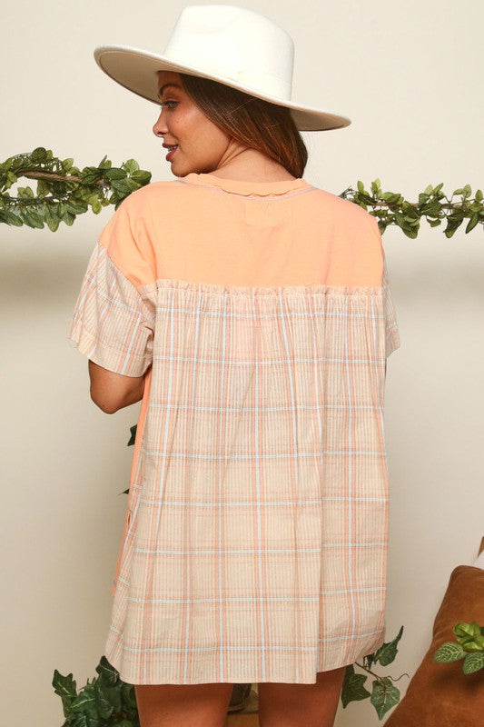 Orange sherbet plaid back t-shirt