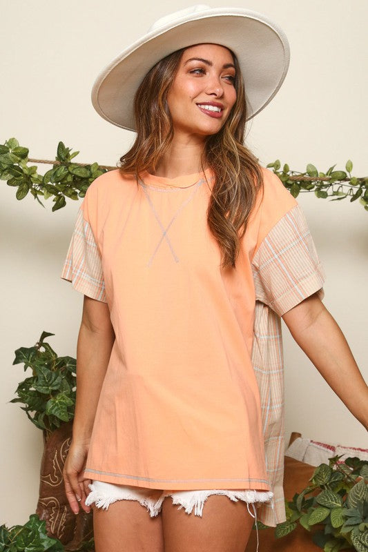 Orange sherbet plaid back t-shirt