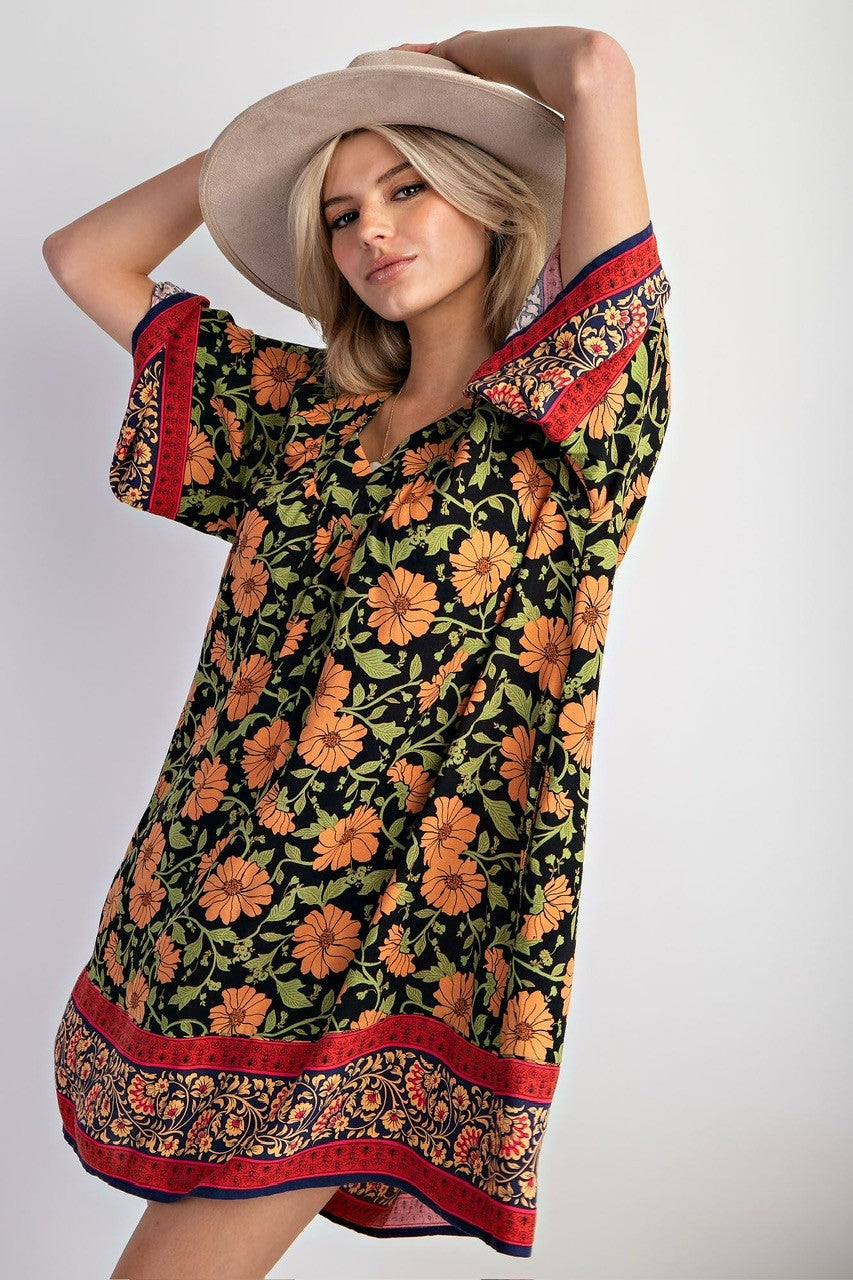 Floral Bordered Dress Black