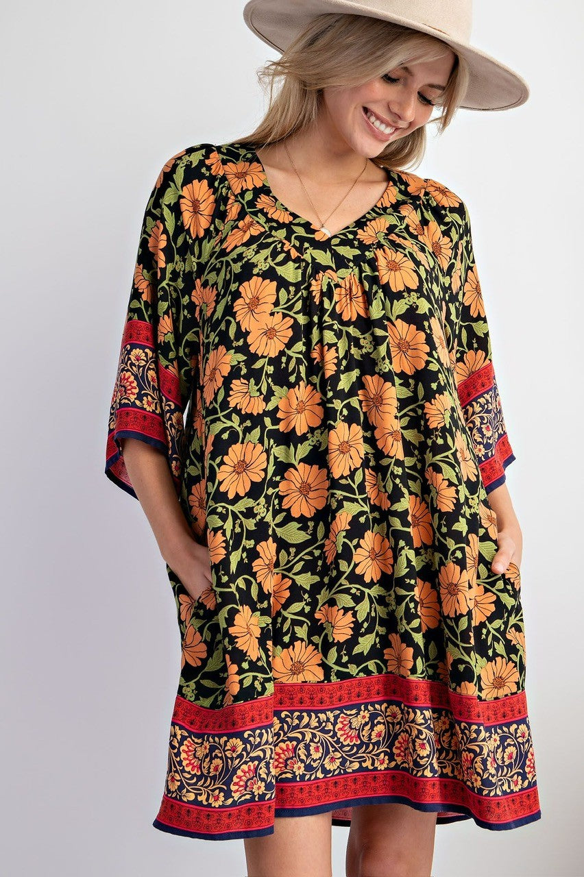 Floral Bordered Dress Black