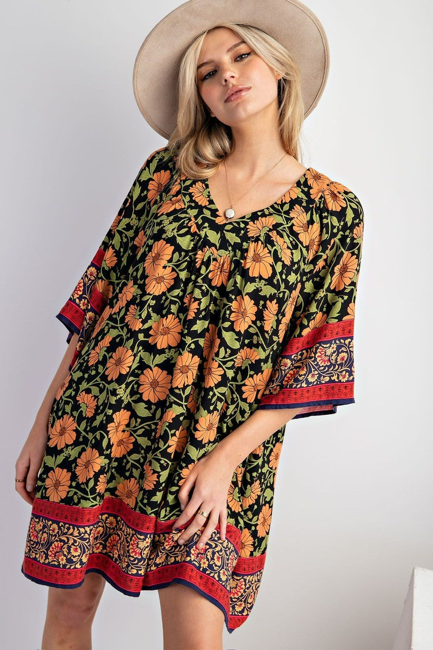 Floral Bordered Dress Black