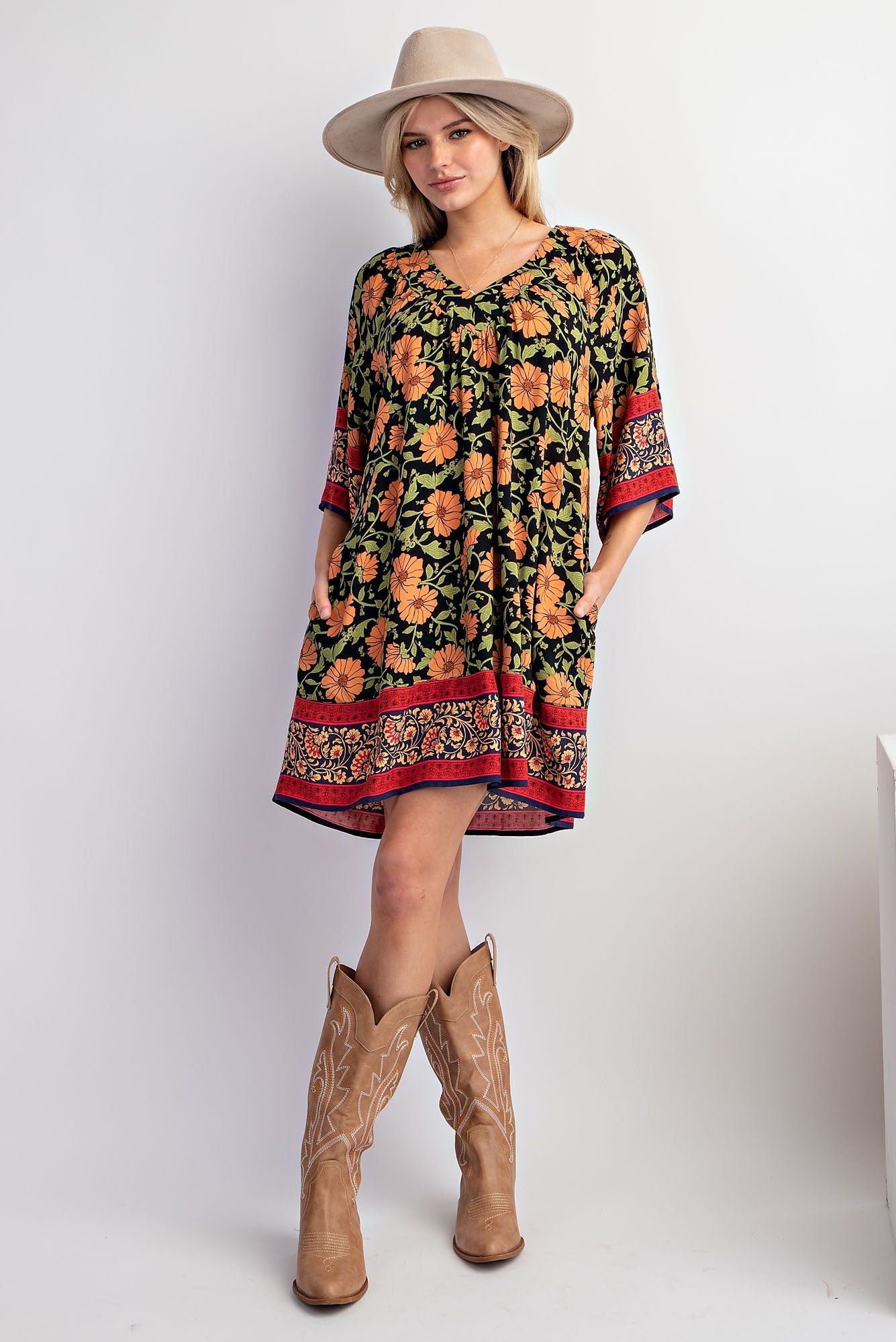 Floral Bordered Dress Black