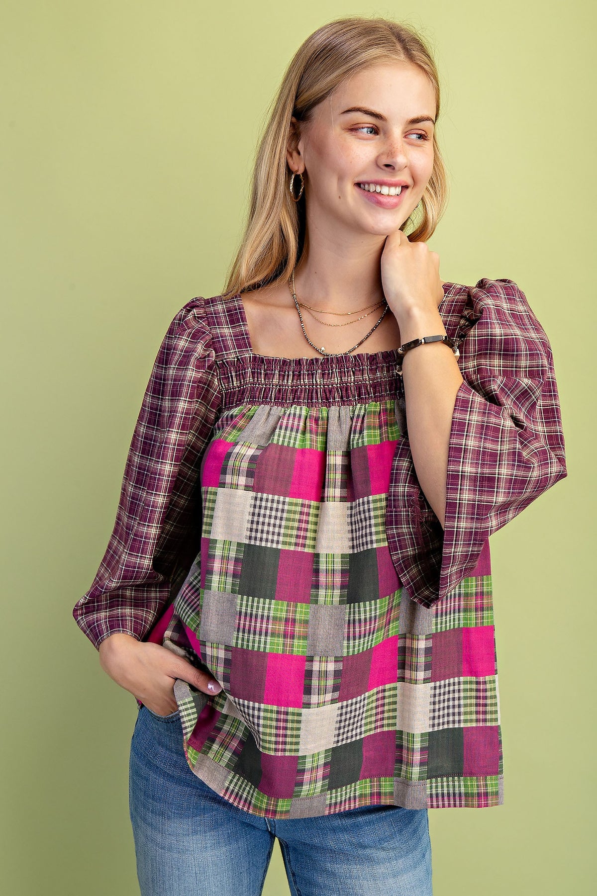 Mixed plaid babydoll top