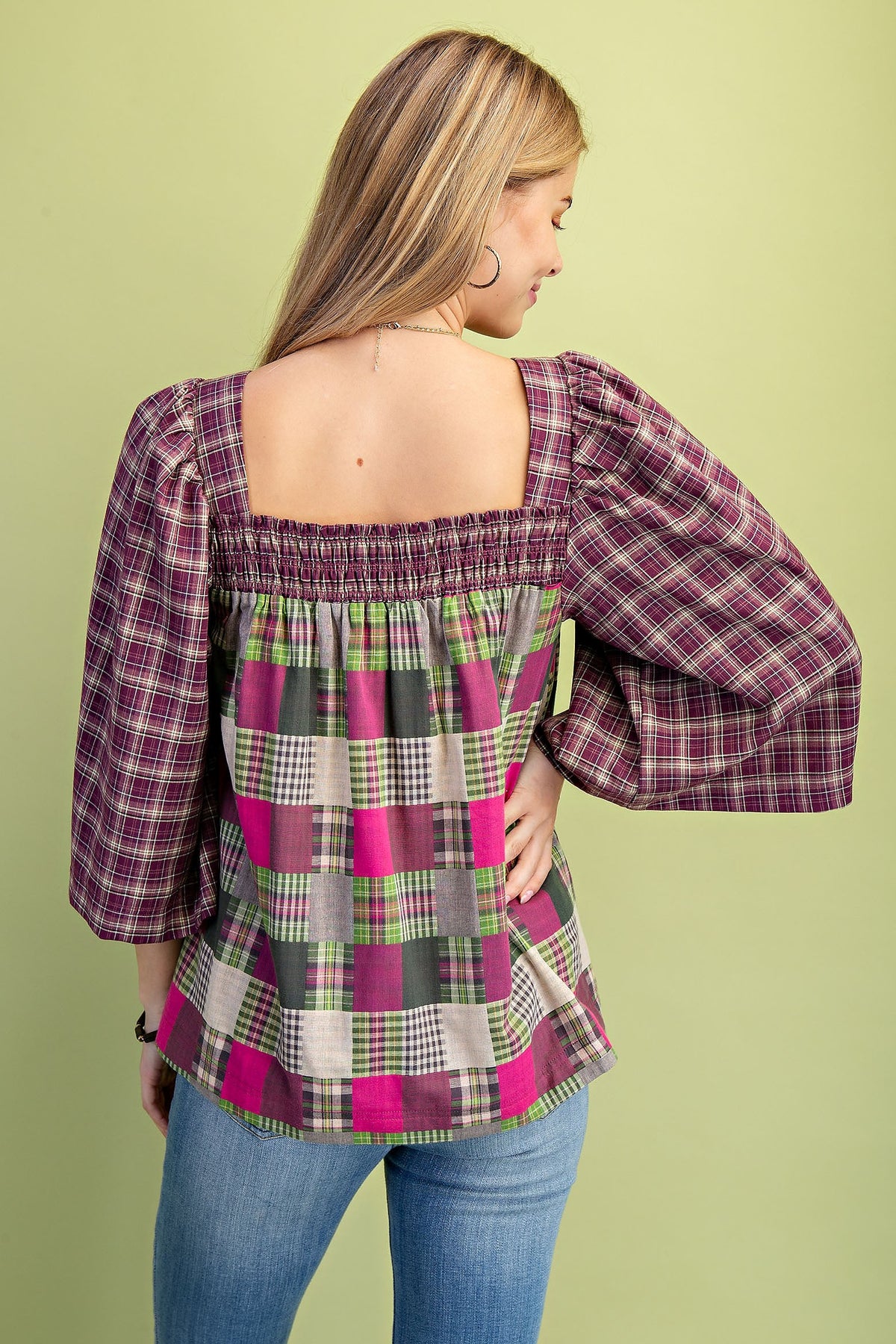 Mixed plaid babydoll top