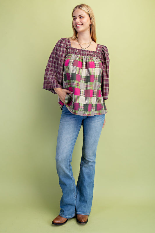 Mixed plaid babydoll top