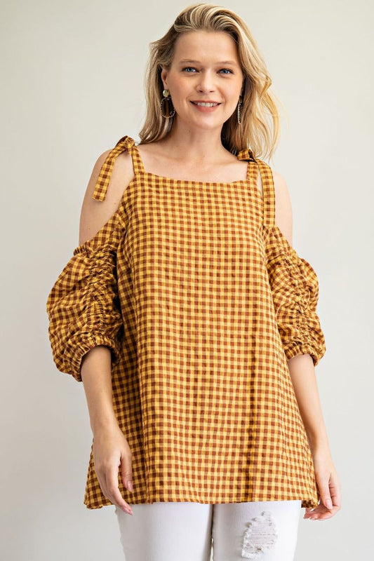 Gingham Cold Shoulder Top