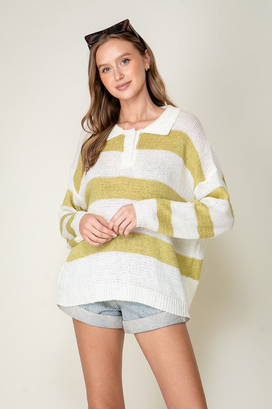 Green Striped Polo Sweater