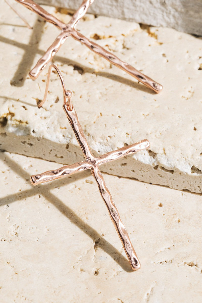 Hammered Rose Gold Cross Earrings