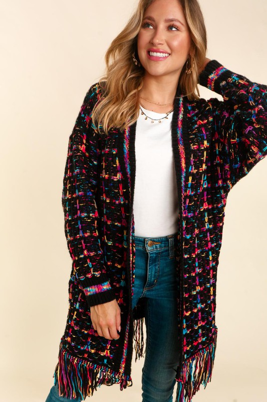 Multi color fringe cardi