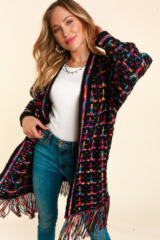 Multi color fringe cardi