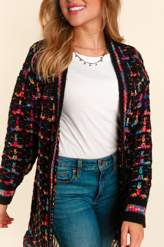 Multi color fringe cardi