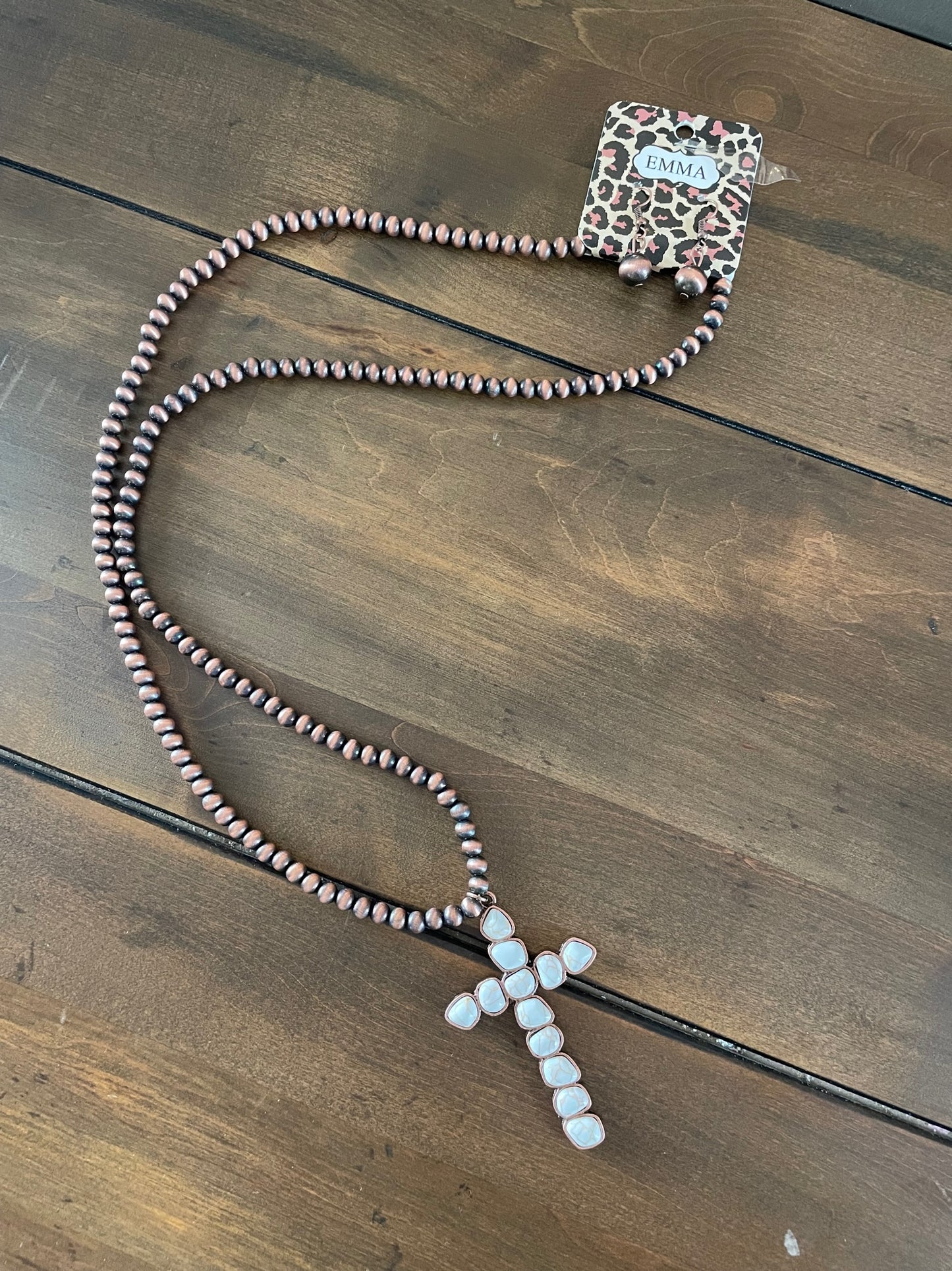 Beaded cross necklace and earring set; Ivory