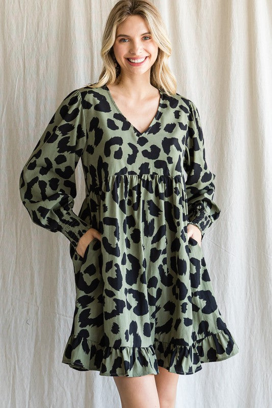 Olive green leopard dress