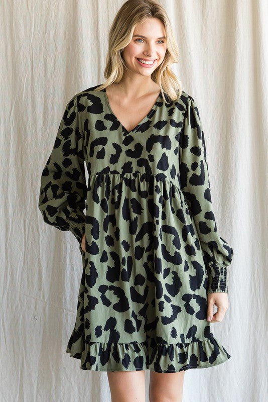 Olive green leopard dress