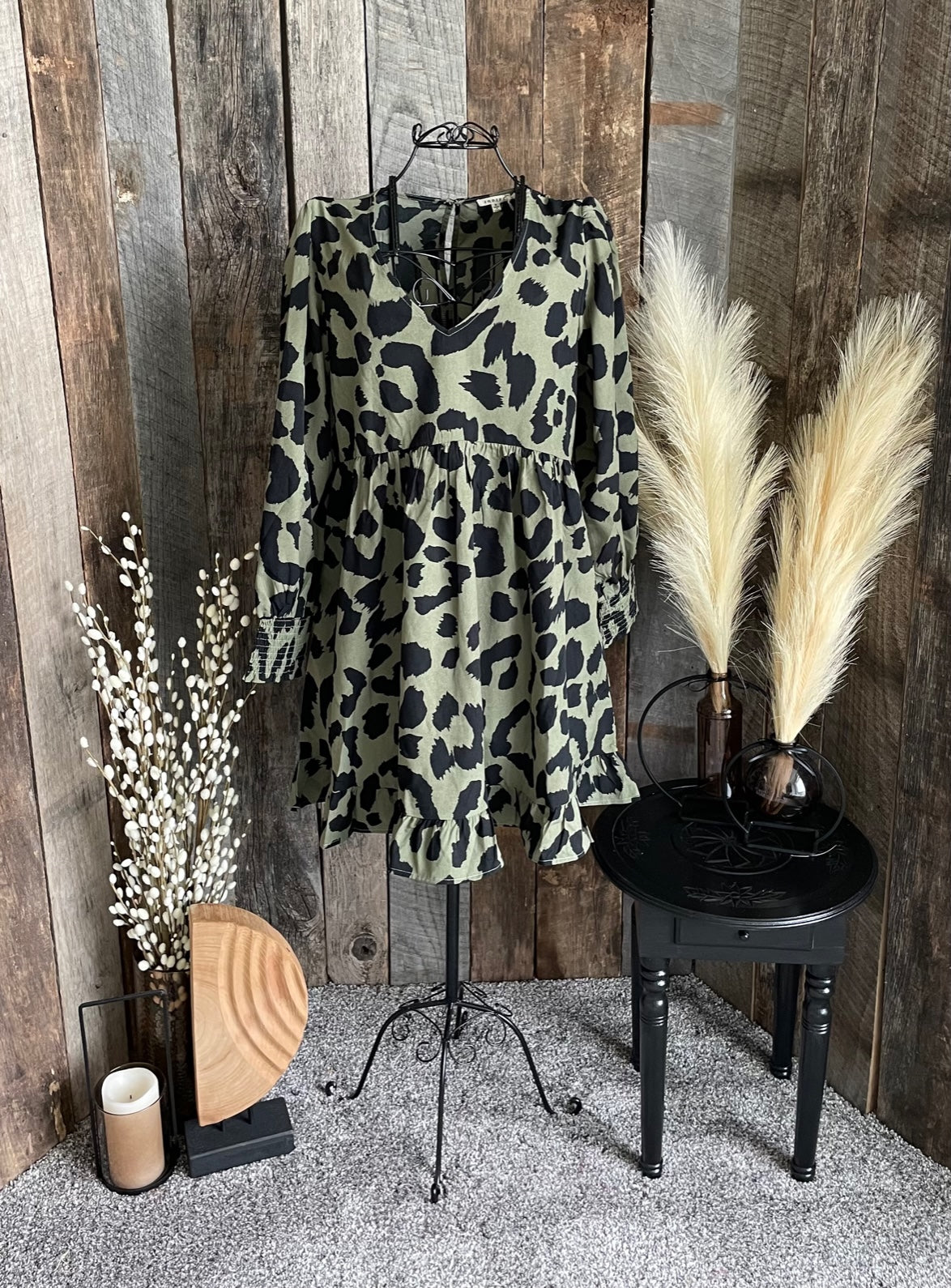 Olive green leopard dress