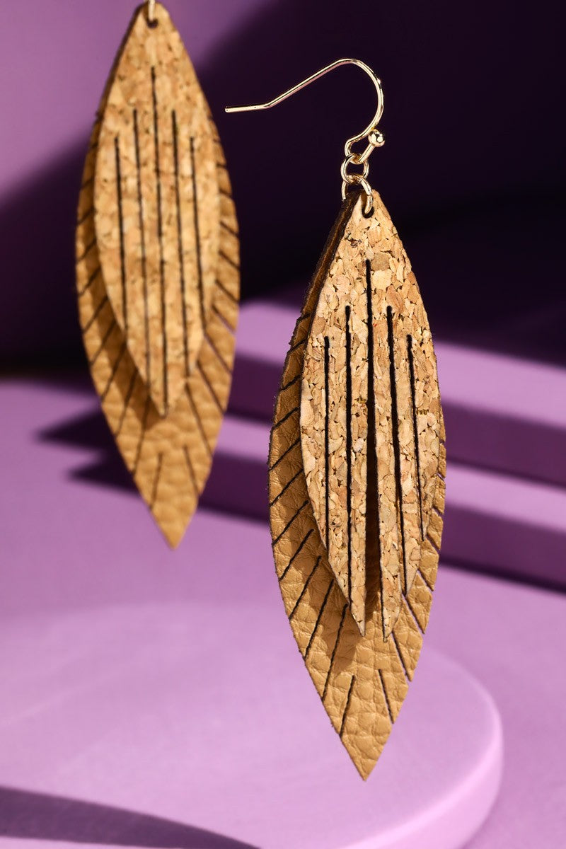 Leather and cork Leaf Earrings