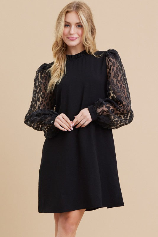 Leopard Sleeve Black Dress