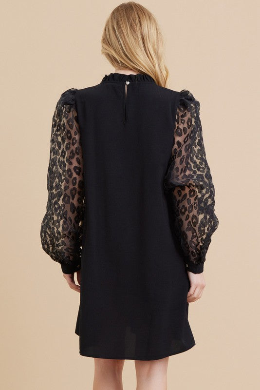 Leopard Sleeve Black Dress