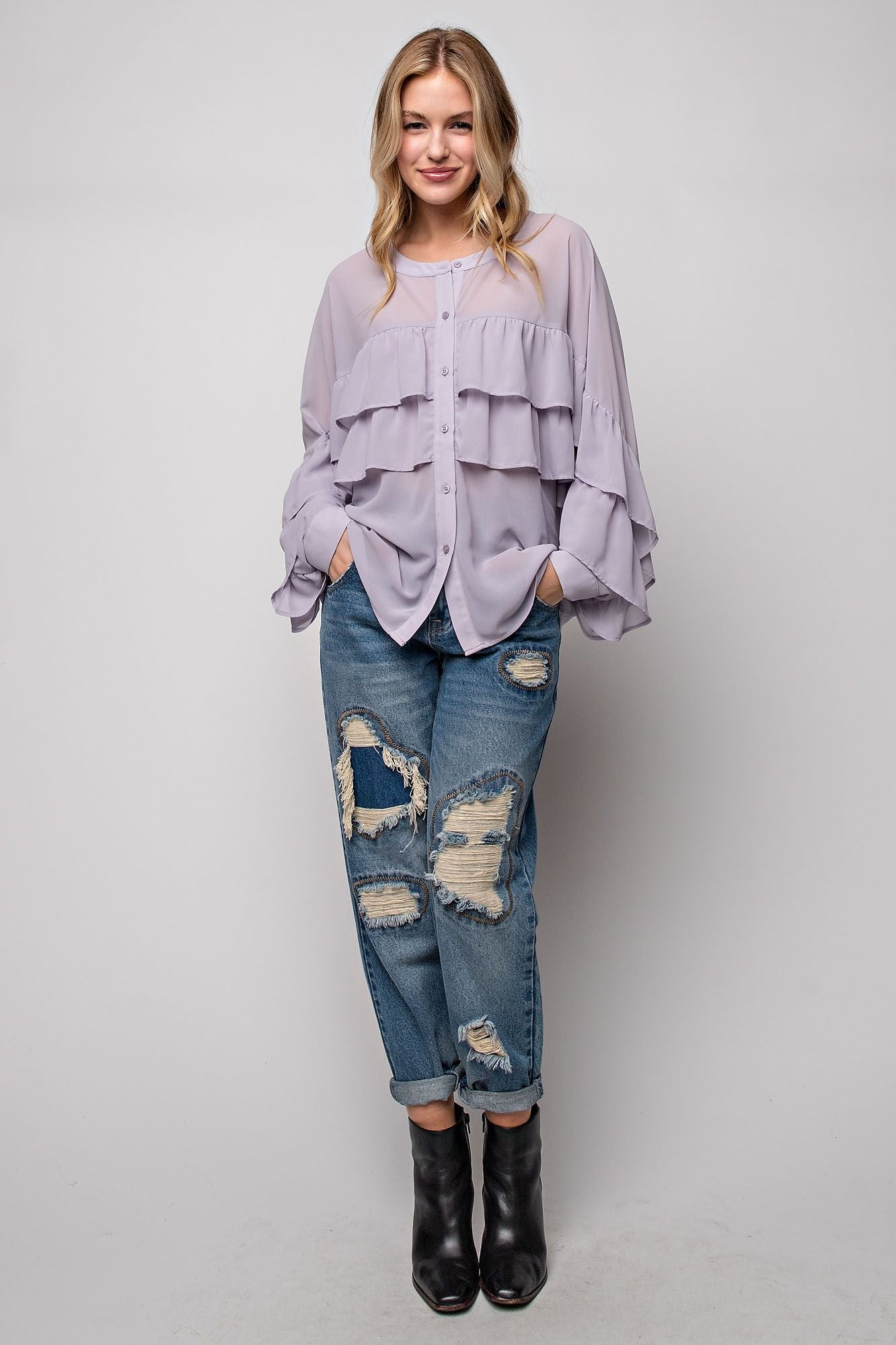 Lilac Gray Ruffled Top