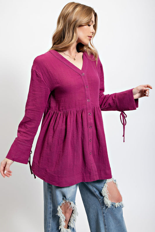 Tie Cuff Peplum Top Plum