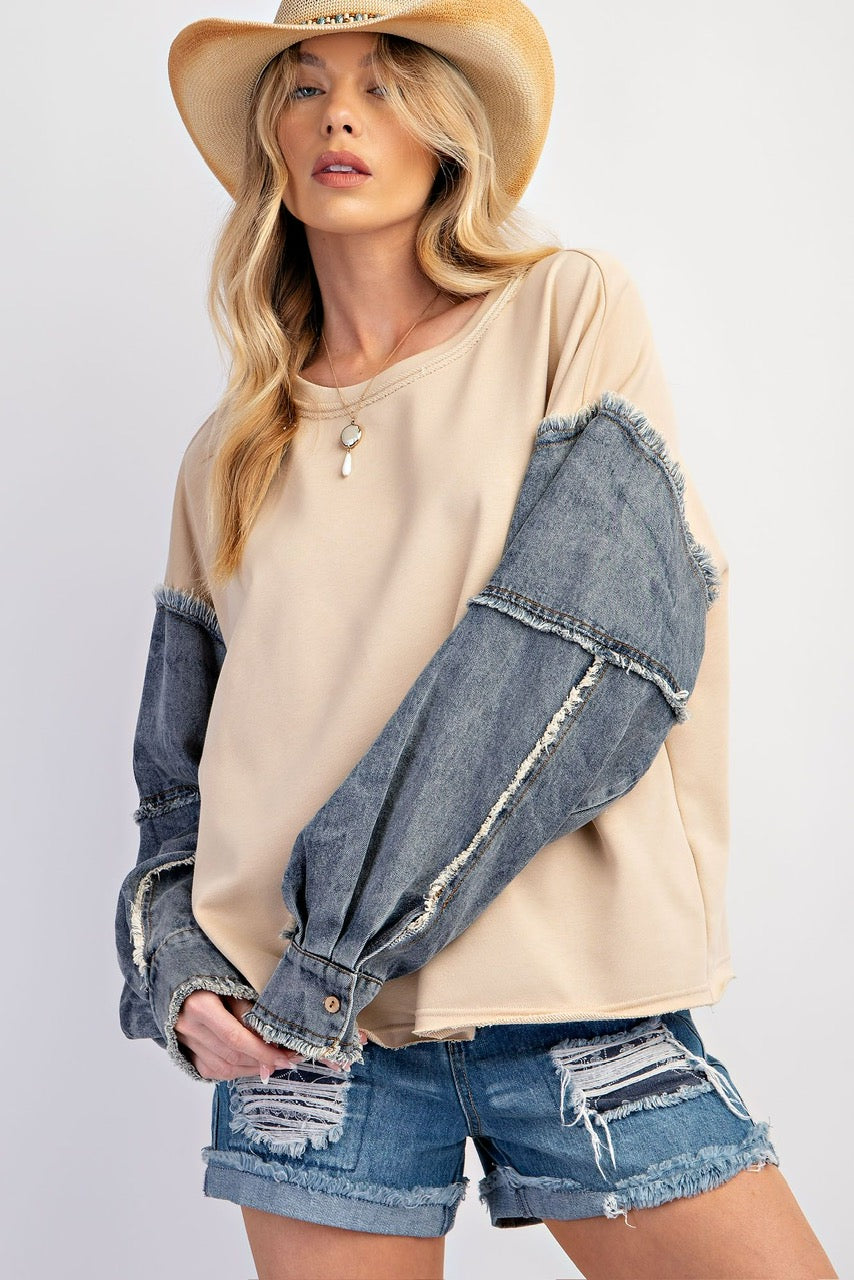 Oatmeal Terry with Denim Sleeves