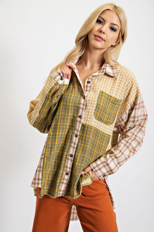 Patchwork Flannel Shirt Olive