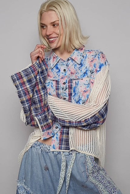 Patchwork Plaid Split Lace Top