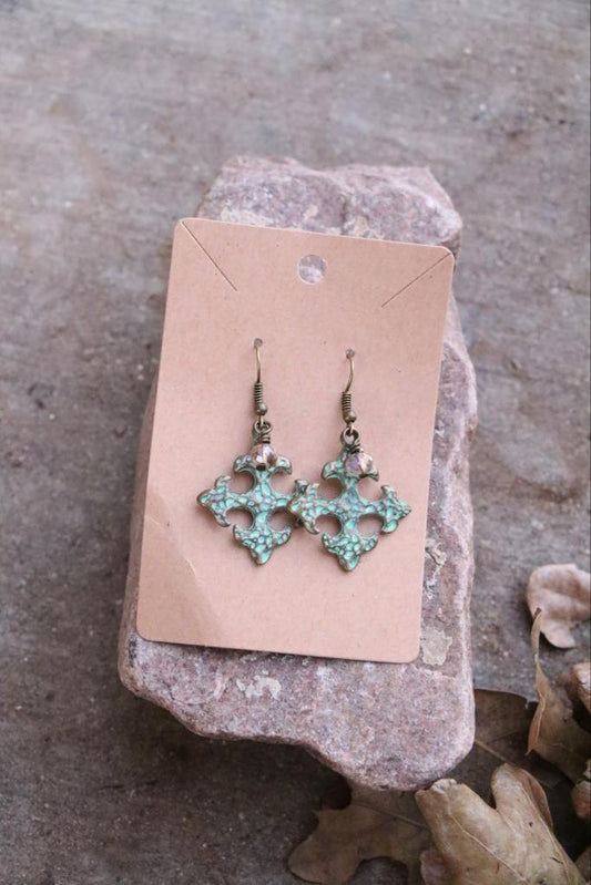 Patina cross earrings with bling charm