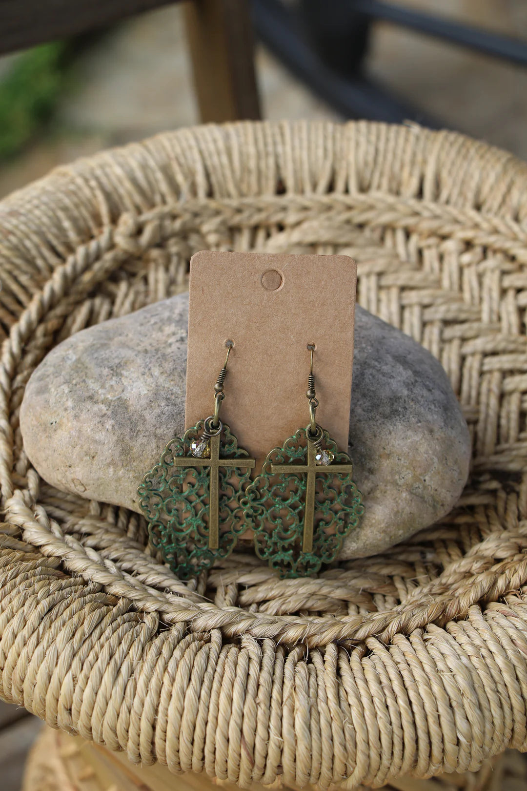 Patina scroll earrings with cross