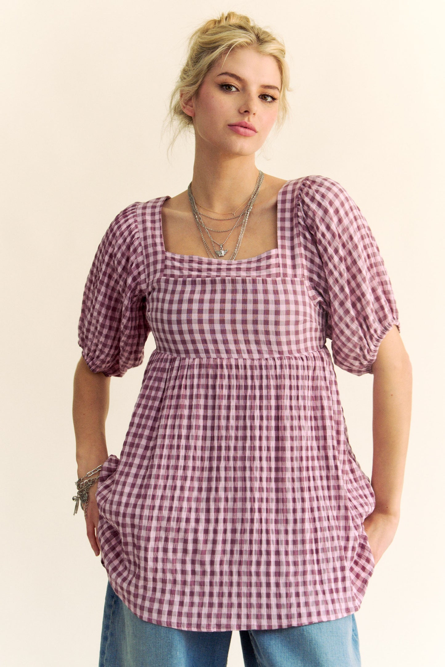 Pink Gingham Peplum Top