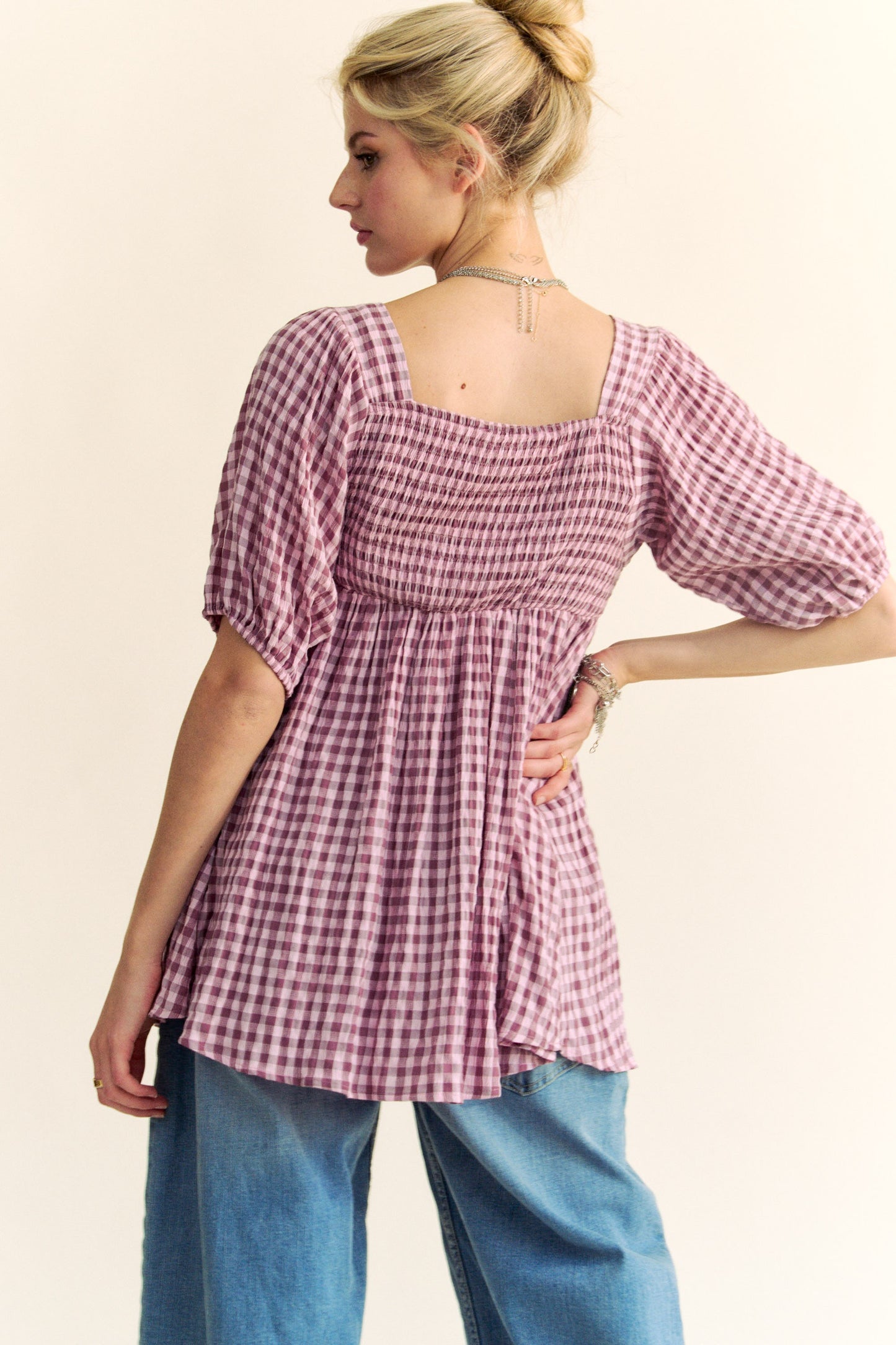 Pink Gingham Peplum Top