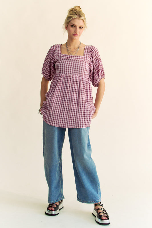 Pink Gingham Peplum Top