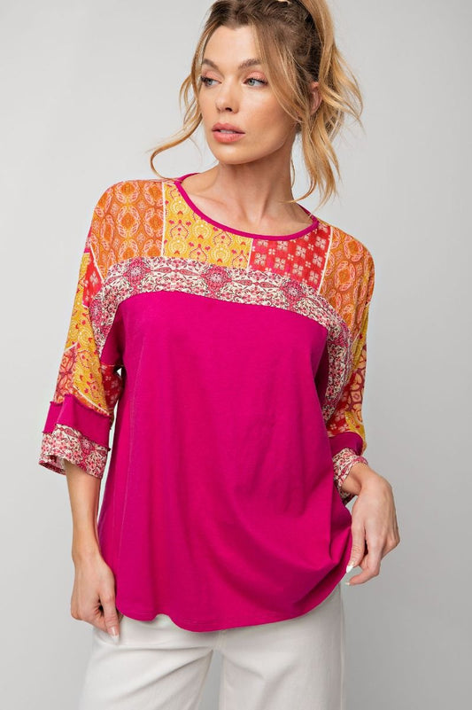 Patchwork accent top Fuchsia